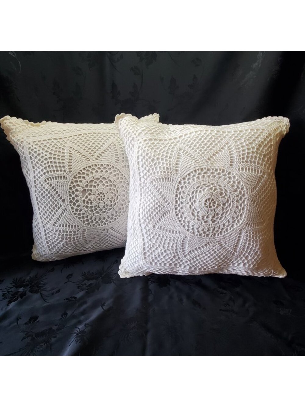2 Lace Star Crochet Pillows Square Vintage 15" Cotton Cottagecore Farmhouse Boho